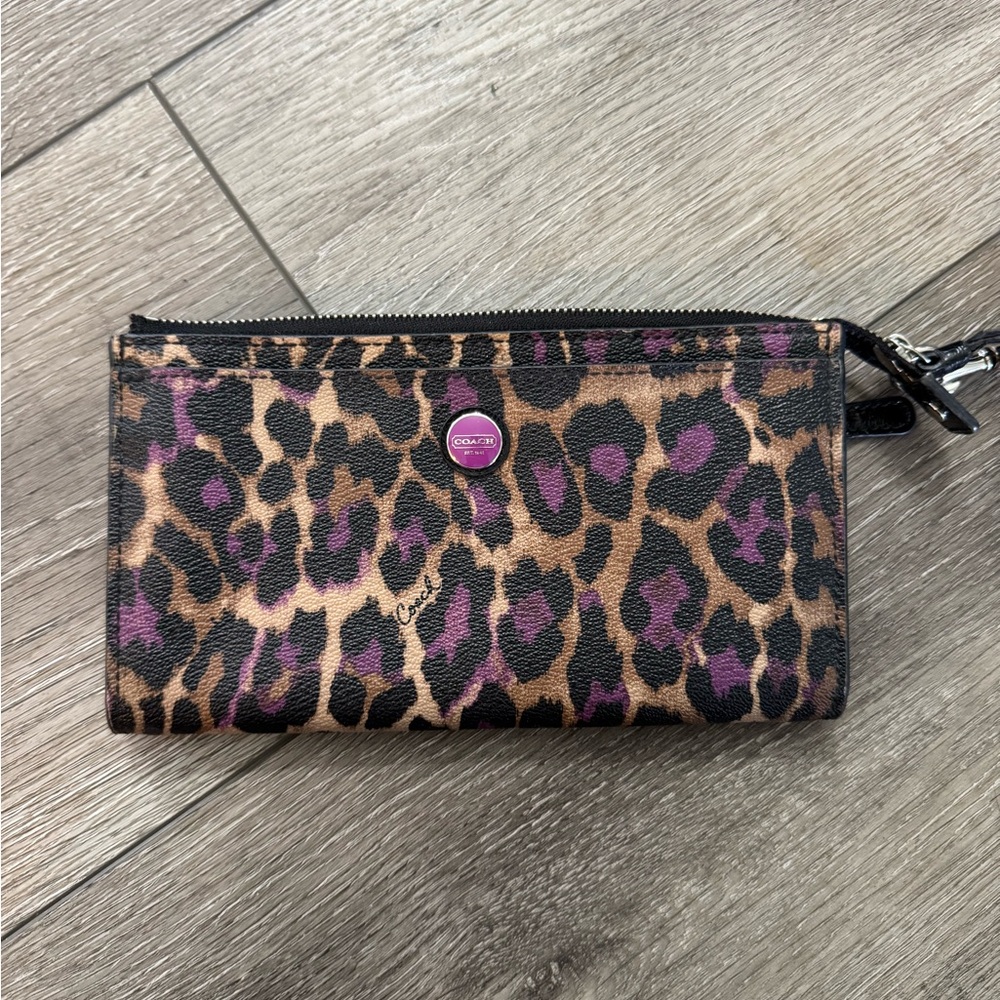 Coach Leopard-Print Wristlet Clutch in Brown and Purple